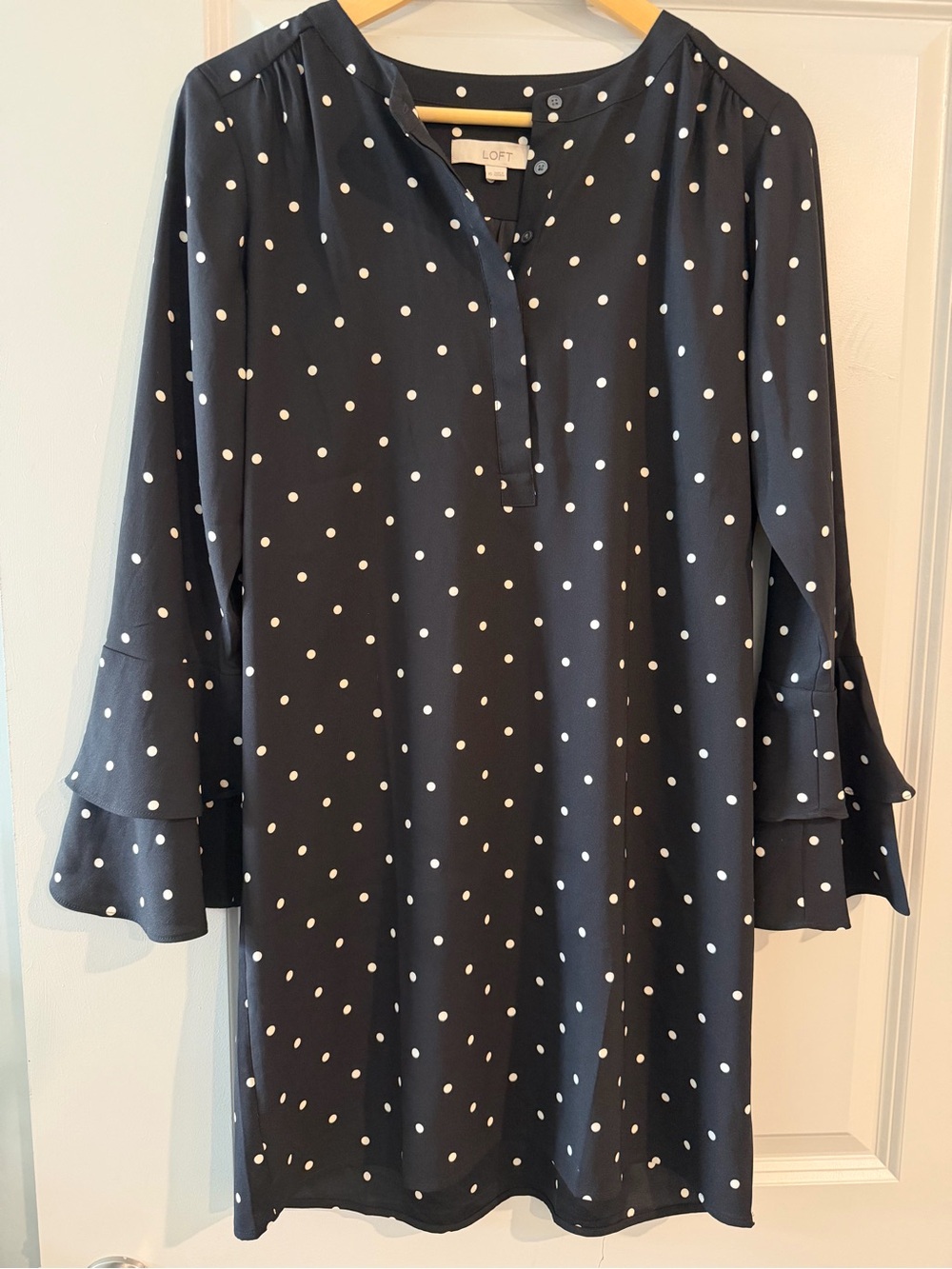 LOFT Black Polka Dot Long Sleeve Shift Dress - Picture 3 of 5